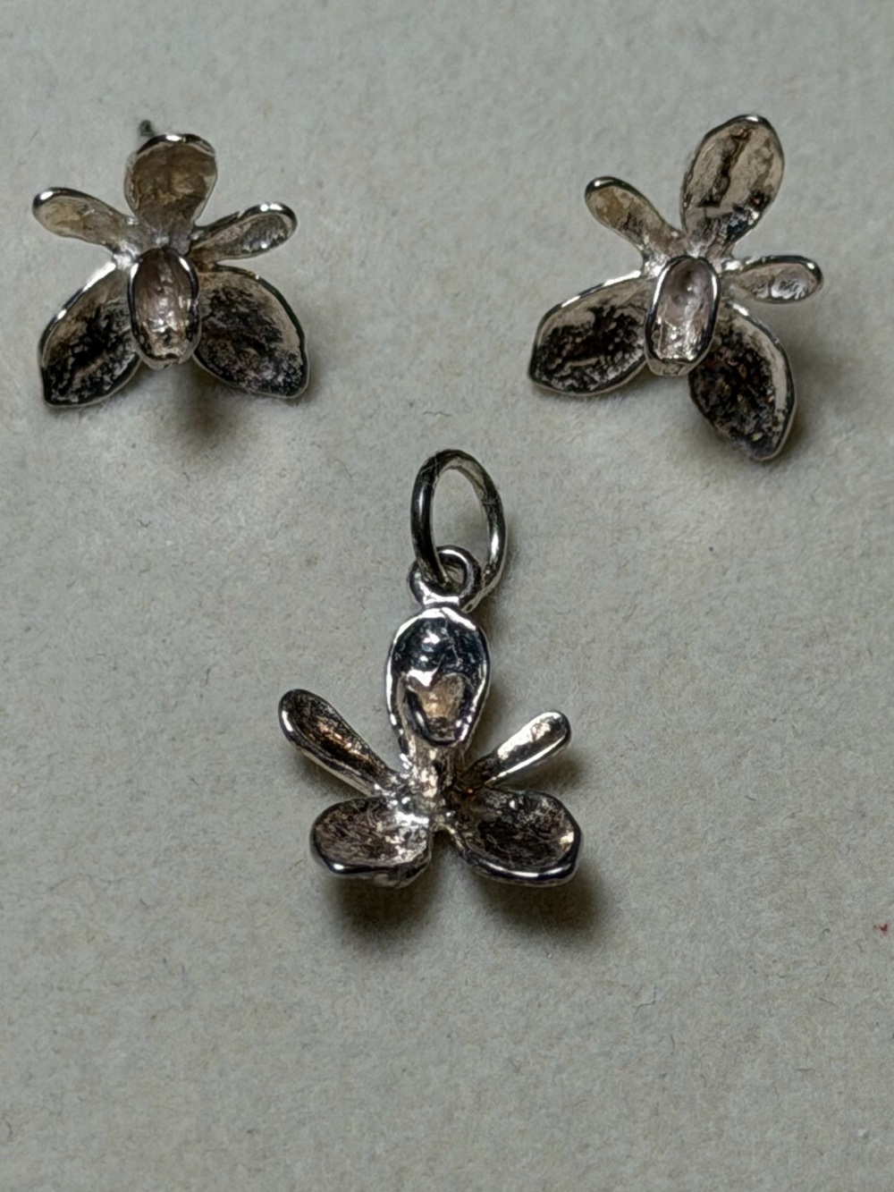 Sterling Silver Orchid Stud Earrings and Pendant Set - 925